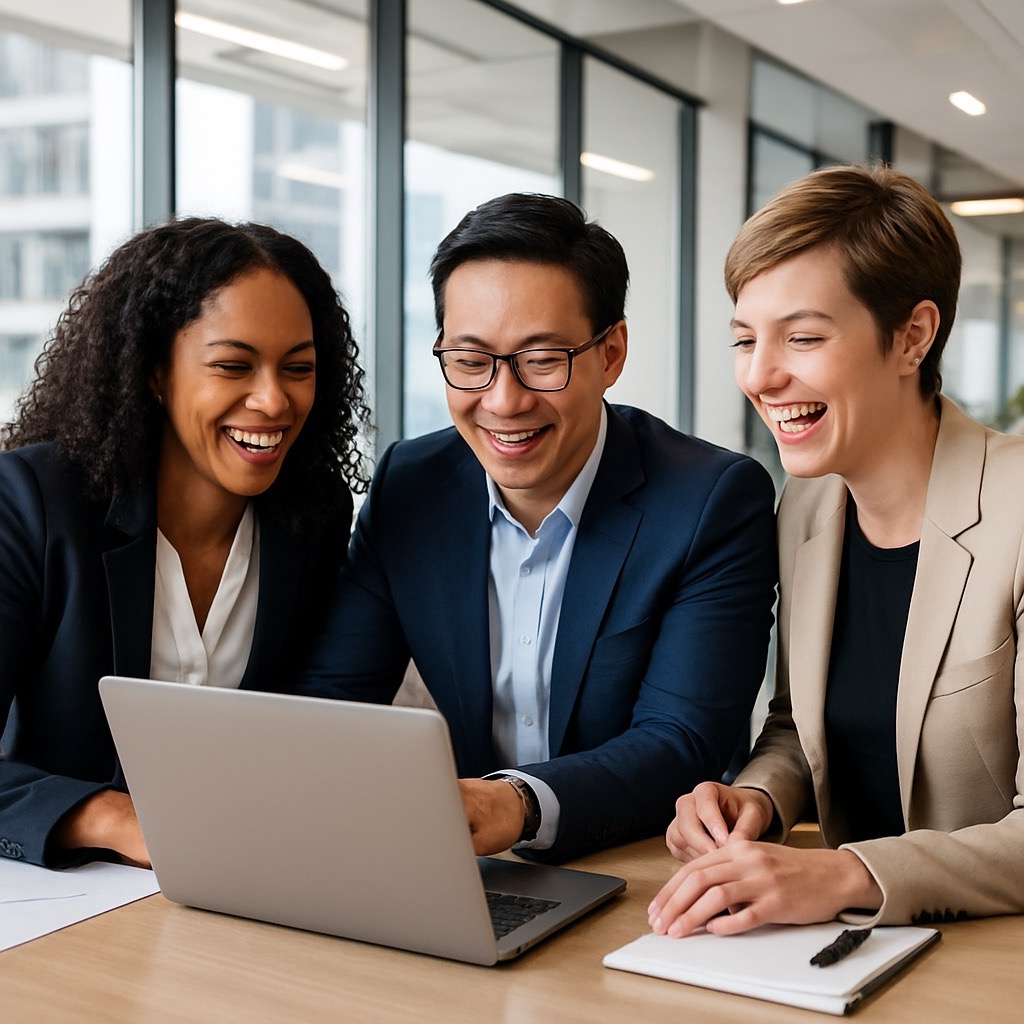 Happy, aligned team working together productively
